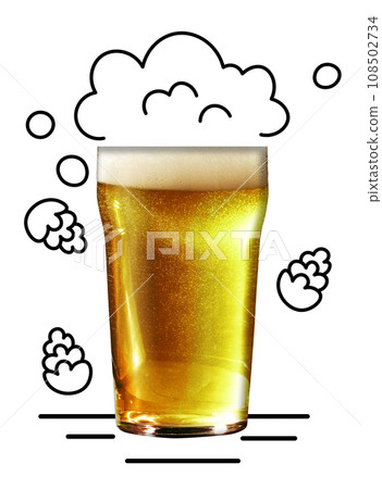 Organic drink with hops. Glass with foamy, lager, cool beer with bubbles isolated over white background. Creative design with doodles. Organic drink with hops. Glass with foamy, lager, cool beer with bubbles isolated over white background. Creative design with doodles. 108502734