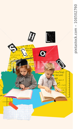 Little boy and girl, children reading with interest, studying, doing homework tasks. Contemporary art collage. 108502760