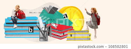 Kids, boy and girl with big backpacks on books learning lessons. Math formulas. Smart children. Contemporary art collage. 108502801