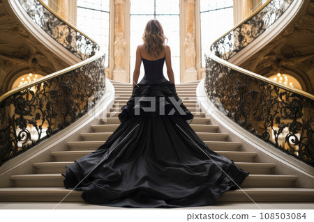 A woman wear a long black evening dress, standing on the middle of a staircase in an luxury palace 108503084