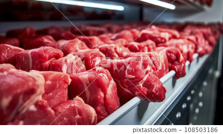 Fresh meat chunks arranged in a row in a large fridge 108503186