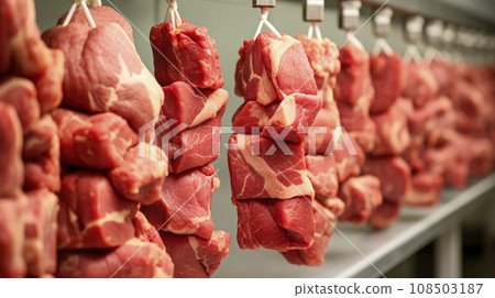 Fresh meat chunks hanging in a row in a large fridge 108503187