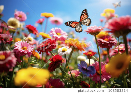 Garden in spring, colorful flowers are in full bloom, and butterflies are flying among the flowers 108503214