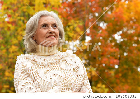Senior woman walking in the park in autumn.  108503332