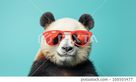 Cool looking trendy panda with a red sunglasses on a blue color background 108503477