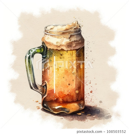 Craft beer with foam in a large glass mug on a white background. Watercolor style. Generative Ai 108503552