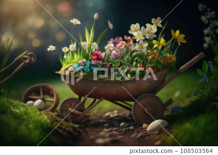 Wheelbarrow with flowers and gardening equipment 108503564
