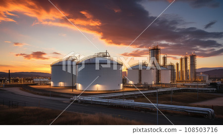 Large storage tanks used for storing petrochemical refinery product at oil terminal. 108503716