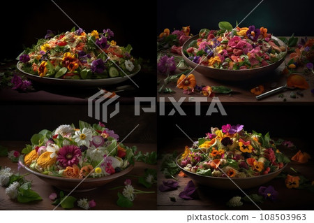 Flower Salad, Edible Flowers Dish, Pansy Salat, Abstract Generative AI Illustration Flower Salad, Edible Flowers Dish, Pansy Salat, Abstract Generative AI Illustration 108503963