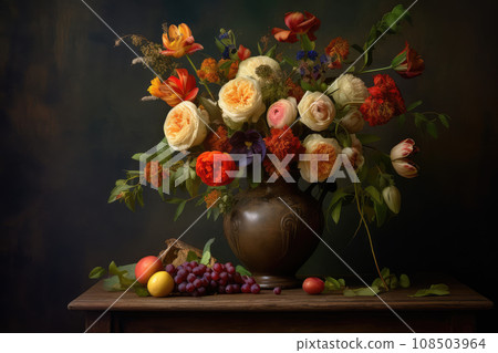 Flower Still Life Bouquet in Vintage Vase, Ancient Dutch Masters Imitation, Abstract Generative AI Illustration Flower Still Life Bouquet in Vintage Vase, Ancient Dutch Masters Imitation, Abstract Generative AI Illustration 108503964