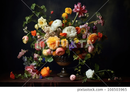 Flower Still Life Bouquet in Vintage Vase, Ancient Dutch Masters Imitation, Abstract Generative AI Illustration Flower Still Life Bouquet in Vintage Vase, Ancient Dutch Masters Imitation, Abstract Generative AI Illustration 108503965