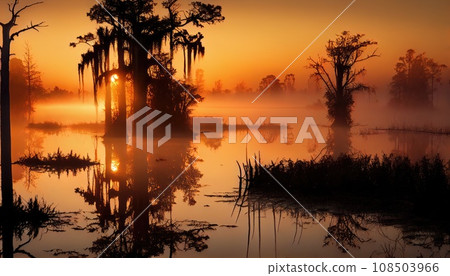 Southern Swamps, Swamp, Bog, Marsh, Mire, Wetland, Fen, Morass Abstract Generative AI Illustration 108503966