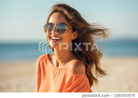 Young Woman on a Beach, Female Fashion Sunglasses, Generative AI Illustration 108503979