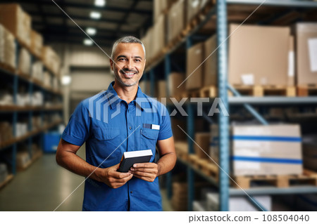Warehouse Manager at Work, Happy Male Factory Manager Using Digital Tablet, Generative AI Illustration 108504040