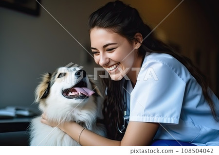 Happy Veterinary Nurse Smiling a Cute Dog, Vet Clinic, Young Puppy, Generative AI Illustration 108504042