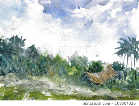 Countryside Broken House Hand drawn Watercolor Painting 108504326