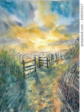 Evening Path Rice Field Hand drawn Watercolor Painting 108504327