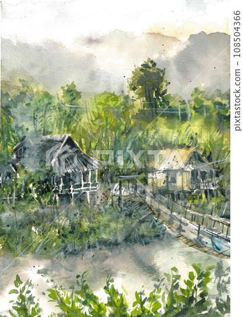 Riverbank Rural Nature Hand drawn Watercolor Painting 108504366
