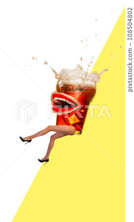 Contemporary art collage. Modern creative artwork. Glass of light beer with bare legs on heels and mouth spilled liquid from laugher. Contemporary art collage. Modern creative artwork. Glass of light beer with bare legs on heels and mouth spilled liquid from laugher. 108504802