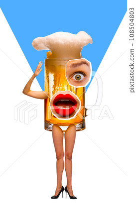 Contemporary art collage. Modern creative artwork. Surprised big mug of beer with eyes and bright red lips on female bare legs. Contemporary art collage. Modern creative artwork. Surprised big mug of beer with eyes and bright red lips on female bare legs. 108504803