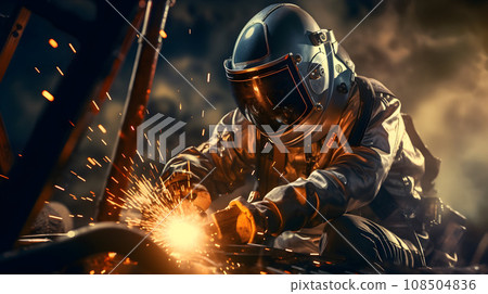 A welder in protective overalls and a welding mask A welder in protective overalls and a welding mask 108504836