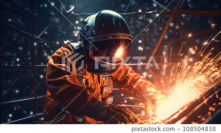 A welder in protective overalls and a welding mask A welder in protective overalls and a welding mask 108504838