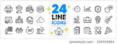 Icons set of Care, Approved teamwork and Cake line icons pack for app with Engineering team, Pizza, Coffee thin outline icon. Augmented reality, Cleaning, Print image pictogram. Vector 108504964
