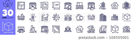 Painter, Skyscraper buildings and Building warning line icons pack. Inspect, Arena, Square area web icon. Food market, Sports arena, Buildings pictogram. Market, Triangle area, Home facility. Vector 108505001