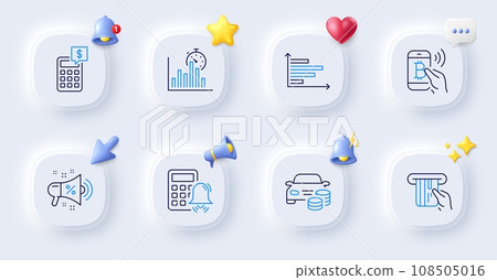 Report timer, Calculator alarm and Buy car line icons. Buttons with 3d bell, chat speech, cursor. Pack of Calculator, Sale megaphone, Horizontal chart icon. Credit card, Bitcoin pay pictogram. Vector Report timer, Calculator alarm and Buy car line icons. Buttons with 3d bell, chat speech, cursor. Pack of Calculator, Sale megaphone, Horizontal chart icon. Credit card, Bitcoin pay pictogram. Vector 108505016
