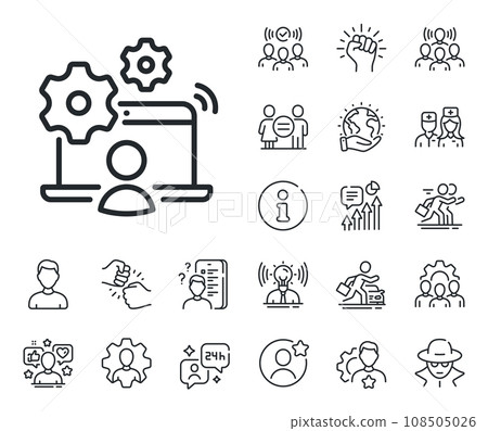 Business employment sign. Specialist, doctor and job competition outline icons. Online job line icon. Man at work symbol. Online job line sign. Avatar placeholder, spy headshot icon. Vector Business employment sign. Specialist, doctor and job competition outline icons. Online job line icon. Man at work symbol. Online job line sign. Avatar placeholder, spy headshot icon. Vector 108505026