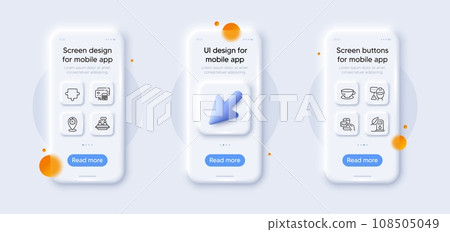 Messenger mail, Timer and Builder warning line icons pack. 3d phone mockups with cursor. Glass smartphone screen. Puzzle, Employees talk, Petrol station web icon. Vector 108505049