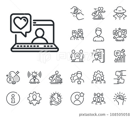 Friendship love sign. Specialist, doctor and job competition outline icons. Friends chat line icon. Assistance business symbol. Friends chat line sign. Avatar placeholder, spy headshot icon. Vector Friendship love sign. Specialist, doctor and job competition outline icons. Friends chat line icon. Assistance business symbol. Friends chat line sign. Avatar placeholder, spy headshot icon. Vector 108505058