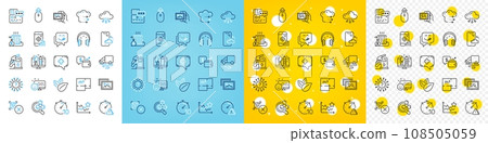 Vector icons set of Seo phone, Card and Headphones line icons pack for web with Qr code, Chemistry lab, Swipe up outline icon. Radiator, Delivery route, Question mark pictogram. Vector 108505059