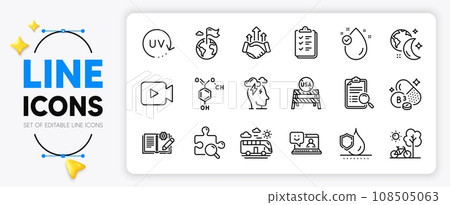 Video camera, Vitamin e and Sleep line icons set for app include Uv protection, Bicycle, Usa close borders outline thin icon. Chemical formula, Bus travel, Stress pictogram icon. Vector Video camera, Vitamin e and Sleep line icons set for app include Uv protection, Bicycle, Usa close borders outline thin icon. Chemical formula, Bus travel, Stress pictogram icon. Vector 108505063