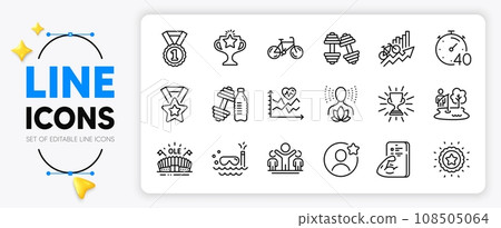 Sports arena, Dumbbells and Victory line icons set for app include Best rank, Best friend, Yoga balance outline thin icon. Timer, Fishing place, Cardio training pictogram icon. Vector 108505064