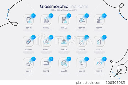 Set of Fish, Business meeting and Laptop line icons for web app. Meeting, Leadership, Skirt icons. Work home, Justice scales, Internet warning signs. Phone image, Seo phone, Group. Vector 108505085