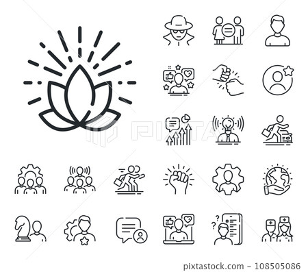 Yoga meditation flower sign. Specialist, doctor and job competition outline icons. Lotus line icon. Mind relax and peace symbol. Lotus line sign. Avatar placeholder, spy headshot icon. Vector 108505086