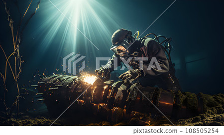 Underwater view of diver fixing 108505254