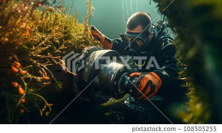 Underwater view of diver fixing Underwater view of diver fixing 108505255
