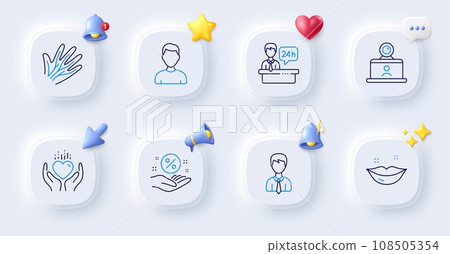 Headshot, Veins and Lips line icons. Buttons with 3d bell, chat speech, cursor. Pack of Loan percent, Reception desk, Businessman icon. Video conference, Hold heart pictogram. Vector 108505354