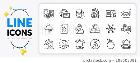 Health app, Air conditioning and Group people line icons set for app include Repairman, Credit card, Apple outline thin icon. Change money, Sun energy, Music book pictogram icon. Vector 108505391