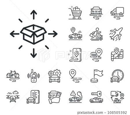 Logistics service sign. Plane, supply chain and place location outline icons. Parcel delivery line icon. Tracking symbol. Parcel delivery line sign. Taxi transport, rent a bike icon. Vector 108505392