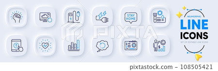 Recovery cloud, Graph chart and Covid test line icons for web app. Pack of Heartbeat, Swipe up, Motherboard pictogram icons. Employees wealth, Electricity plug, Recovery data signs. Vector 108505421
