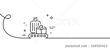 Baggage belt line icon. Continuous one line with curl. Travel bag claim sign. Handbag luggage symbol. Baggage belt single outline ribbon. Loop curve pattern. Vector 108505423