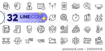 Outline set of Swipe up, Inspect and Charging time line icons for web with Wifi, Coronavirus statistics, Fingerprint thin icon. Recovery laptop, Attached info, Safe time pictogram icon. Vector 108505438