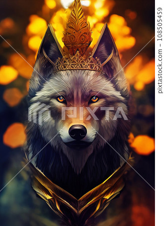 King wolf portrait. Gray wolf with a crown. Beautiful fabulous gray wolf. AI-generated 108505459