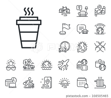 Hot drink sign. Plane jet, travel map and baggage claim outline icons. Takeaway Coffee cup line icon. Takeout symbol. Takeaway line sign. Car rental, taxi transport icon. Place location. Vector Hot drink sign. Plane jet, travel map and baggage claim outline icons. Takeaway Coffee cup line icon. Takeout symbol. Takeaway line sign. Car rental, taxi transport icon. Place location. Vector 108505465