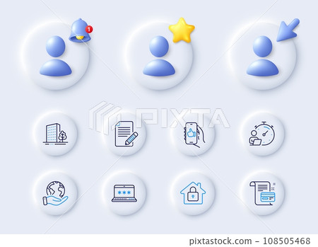 Save planet, Timer and Lock line icons. Placeholder with 3d cursor, bell, star. Pack of Payment card, Article, Like app icon. Buildings, Laptop password pictogram. For web app, printing. Vector 108505468
