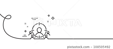 Business targeting line icon. Continuous one line with curl. Marketing target strategy symbol. Aim with people sign. Business targeting single outline ribbon. Loop curve pattern. Vector Business targeting line icon. Continuous one line with curl. Marketing target strategy symbol. Aim with people sign. Business targeting single outline ribbon. Loop curve pattern. Vector 108505492