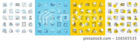 Vector icons set of Radiator, Box size and Petrol station line icons pack for web with Square meter, Opened box, Innovation outline icon. Home, Car charging, Lighthouse pictogram. Vector 108505535